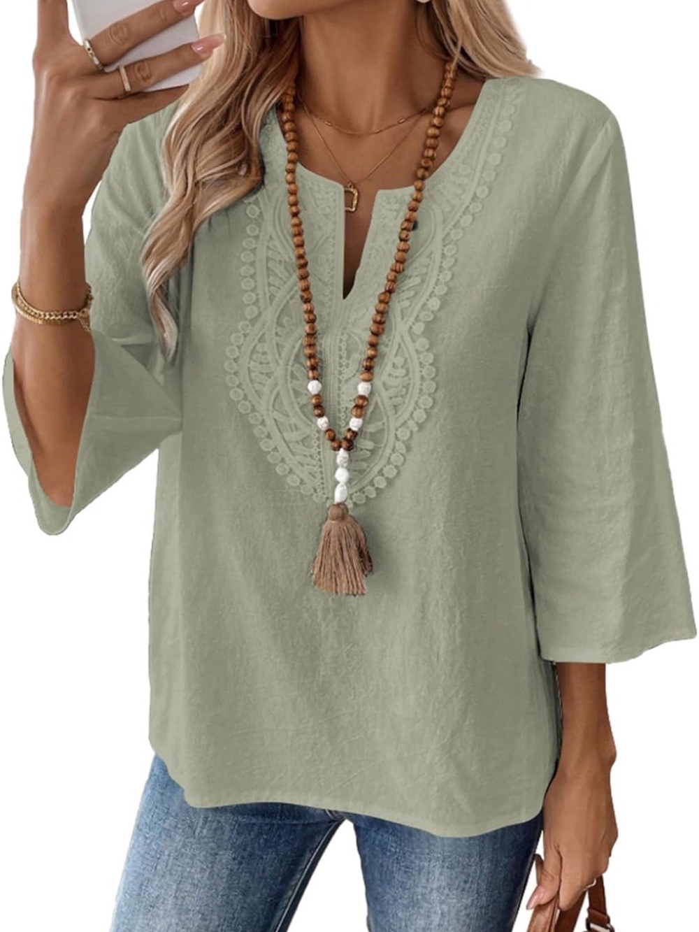 Women’s Embroidered Split-Neck Top - Sage